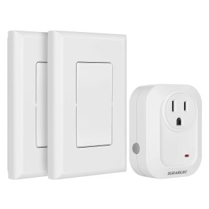 Suraielec Interruptor de pared inalámbrico de control remoto, sin cableado, rango de RF de 100 pies, interruptores de luz inalámbricos preprogramados, expandibles para la luz colgante, lámpara (2 interruptores de pared y 1 receptor)
