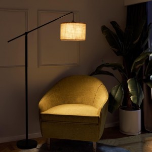Lámpara de piso de arco de Suraielec, lámpara de pie de pie en voladizo para el sofá, sofá, lectura, sala de estar, dormitorio, brazo de equilibrio ajustable, sombra de tambor de lino natural, poste de metal de negro mate, interruptor de pie