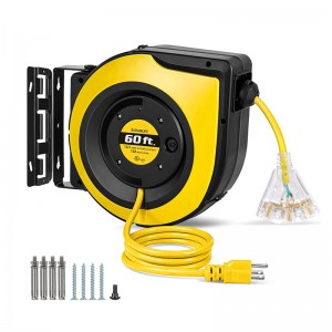 Correo de cable de extensión de calibre Suraielec 12, cable de extensión retráctil de 60 pies, cable de alimentación de servicio pesado de 12 AWG/3C, interruptor de circuito de 15 amperios, grifo triple iluminado, techo o montaje en la pared, UL listado con UL