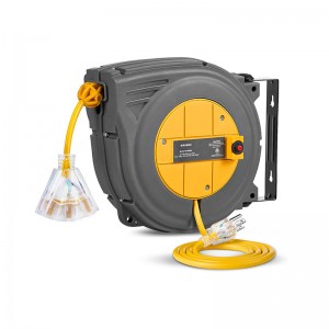 Carrete de cable de extensión retráctil de Suraielec 30 pies, carrete de cable de alimentación SJTW 16AWG/3C, 3 salidas eléctricas triple, interruptor de circuito 10A, montaje de pared/techo colgante para taller, garaje, ETL listado