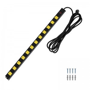 Suraielec 12 Outlet Long Metal Power Power Strip, protector de sobretensión de cable de 15 pies, tapón plano en ángulo, barra de salida con espacios amplios, interruptor de 15 A, montaje en pared, servicio pesado industrial para trabajo, tienda, garaje