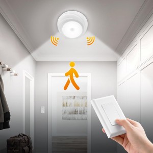 Luz de techo de la batería de Suraielec con interruptor de pared, luz del sensor de movimiento interior, interruptor de pared inalámbrico remoto, 6500k, 300 lm, luz de techo alimentada por la batería para armario, despensa, lavandería y cobertizo, 1 paquete