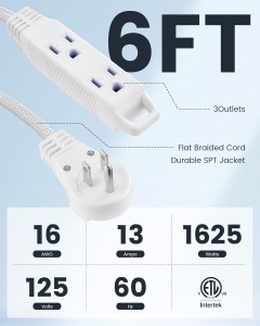 Cable de extensión giratoria Suraielec 360 ° 6 pies con múltiples salidas, enchufe de pared plana trenzada de 3 salidas, cable de extensión blanca delgada de 16 awg para luces de Navidad, espacios pequeños, encabezado de ángulo recto, ETL enumerado