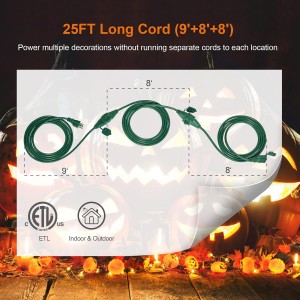 Cable de extensión exterior de 25 pies Suraielec con múltiples salidas, 3 salidas múltiples, cable de enchufe múltiple, calibre 16/3 SJTW, resistente a la intemperie para paisaje, luces de árbol de Navidad, Halloween, decoración de vacaciones, verde