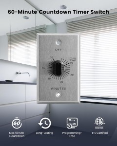 Interruptor de temporizador de cuenta regresiva mecánica de Suraielec con placa de metal de estilo comercial, hasta 60 minutos, temporizador de herida de resorte en la pared, no se necesita cable neutral, ideal para hogares y oficinas, ETL listado