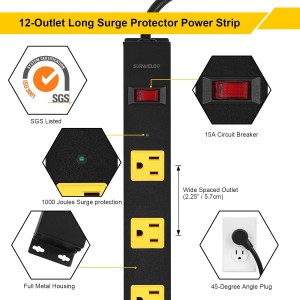 Suraielec 12 Outlet Long Metal Power Power Strip, protector de sobretensión de cable de 15 pies, tapón plano en ángulo, barra de salida con espacios amplios, interruptor de 15 A, montaje en pared, servicio pesado industrial para trabajo, tienda, garaje