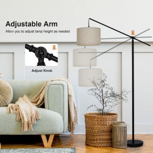 Lámpara de piso de arco de Suraielec, lámpara de pie de pie en voladizo para el sofá, sofá, lectura, sala de estar, dormitorio, brazo de equilibrio ajustable, sombra de tambor de lino natural, poste de metal de negro mate, interruptor de pie