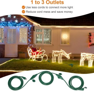 Cable de extensión exterior de 25 pies Suraielec con múltiples salidas, 3 salidas múltiples, cable de enchufe múltiple, calibre 16/3 SJTW, resistente a la intemperie para paisaje, luces de árbol de Navidad, Halloween, decoración de vacaciones, verde
