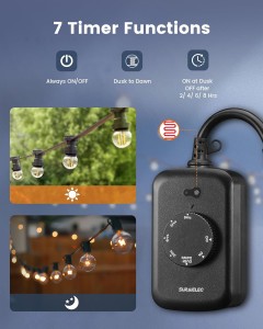 Temporizador de luz para exteriores de Suraielec al amanecer, 2 Temporizador de sensores de vapor eléctrico, Temporizador de cuenta regresiva de 8/6/4/2 horas, Temporizador de fotocélula resistente a la intemperie para Navidad, luces al aire libre, 15a, ETL, 2 paquete