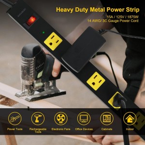 Suraielec 12 Outlet Long Metal Power Power Strip, protector de sobretensión de cable de 15 pies, tapón plano en ángulo, barra de salida con espacios amplios, interruptor de 15 A, montaje en pared, servicio pesado industrial para trabajo, tienda, garaje