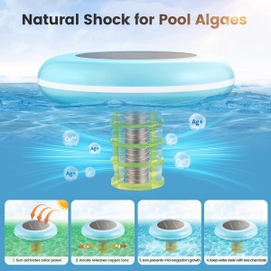 Ionizador de piscina solar Suraielec, ionizador de piscina de cobre para piscina sobre el suelo, purificador de piscina de choque solar sin cloro con ánodo de cobre, limpiador de piscinas flotantes de hasta 45000 galones, agua fresca y salada