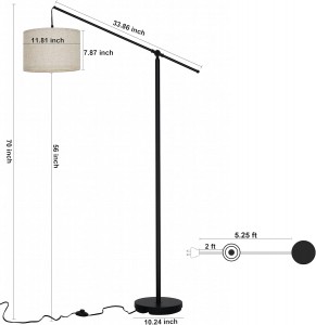 Lámpara de piso de arco de Suraielec, lámpara de pie de pie en voladizo para el sofá, sofá, lectura, sala de estar, dormitorio, brazo de equilibrio ajustable, sombra de tambor de lino natural, poste de metal de negro mate, interruptor de pie