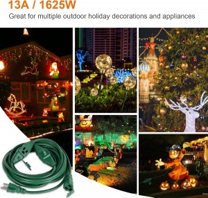 Cable de extensión exterior de 25 pies Suraielec con múltiples salidas, 3 salidas múltiples, cable de enchufe múltiple, calibre 16/3 SJTW, resistente a la intemperie para paisaje, luces de árbol de Navidad, Halloween, decoración de vacaciones, verde