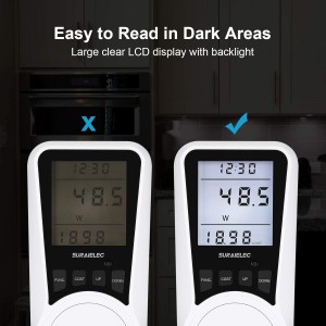 Medidor de vatios Suraielec, medidor de alimentación de enchufe, calculadora de costos automáticos, pantalla grande retroiluminada, protección contra sobrecarga, probador de voltaje de kilovatio probador de amplificador, monitor de energía eléctrica de uso de electricidad