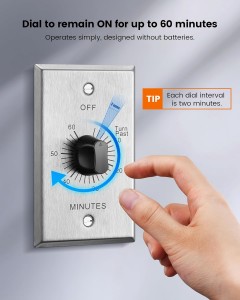 Interruptor de temporizador de cuenta regresiva mecánica de Suraielec con placa de metal de estilo comercial, hasta 60 minutos, temporizador de herida de resorte en la pared, no se necesita cable neutral, ideal para hogares y oficinas, ETL listado
