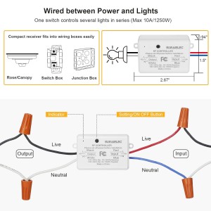 Interruptor de luz remota inalámbrica de Suraielec, sin cableado, sin wifi, rango de RF de 100 pies, preprogramado, interruptor de pared inalámbrico expandible y kit de receptor, accesorio de luz de control remoto para lámpara, luz de techo, ventilador