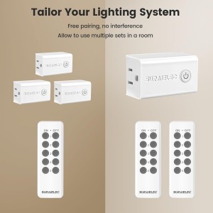 Kit de interruptor de salida de control remoto inalámbrico de Suraielec - 5 salidas + 2 remotos, 15 amperios, 100 pies de largo alcance, sin interferencia, para luces, ventiladores, luces de Navidad, electrodomésticos pequeños