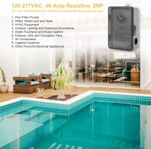 Temporizador de la piscina de Suraielec, interruptor de temporizador mecánico de ciclo de 24 horas, 40 amperios, 2hp, 120, 240, 277 VAC, caja de temporizador de controlador de piscina de servicio pesado en interiores al aire libre para bomba de piscina, calentador de agua, spa, potentes electrodomésticos