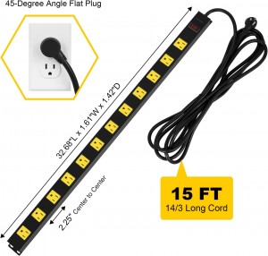 Suraielec 12 Outlet Long Metal Power Power Strip, protector de sobretensión de cable de 15 pies, tapón plano en ángulo, barra de salida con espacios amplios, interruptor de 15 A, montaje en pared, servicio pesado industrial para trabajo, tienda, garaje