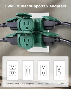 Suraielec Adaptador de pared de triple de 3 vías, 3 paquete al aire libre 1 a 3 divisor de salida, extensor de salida de múltiples enchufes, expansor de enchufe múltiple eléctrico impermeable para un crucero de garaje exterior, verde, ETL listado