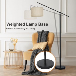 Lámpara de piso de arco de Suraielec, lámpara de pie de pie en voladizo para el sofá, sofá, lectura, sala de estar, dormitorio, brazo de equilibrio ajustable, sombra de tambor de lino natural, poste de metal de negro mate, interruptor de pie