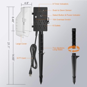 Temporizador de luz de estaca de potencia al aire libre de Suraielec, anochecer a amanecer, 6 Strip de alimentación eléctrica resistente a la intemperie, salida múltiple de cable de extensión de 6 pies para luces de patio, rociador, jardín, decoraciones navideñas