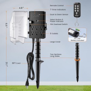 Temporizador de apuestas de energía al aire libre de Suraielec, control remoto inalámbrico de 100 pies, temporizador de anochecer al amanecer, enchufes de 6 conectados a tierra, cable de extensión de 6 pies, para decoración de Halloween, luces, jardín