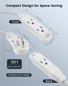 Cable de extensión giratoria Suraielec 360 ° 6 pies con múltiples salidas, enchufe de pared plana trenzada de 3 salidas, cable de extensión blanca delgada de 16 awg para luces de Navidad, espacios pequeños, encabezado de ángulo recto, ETL enumerado
