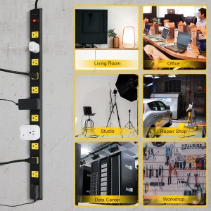 Suraielec 12 Outlet Long Metal Power Power Strip, protector de sobretensión de cable de 15 pies, tapón plano en ángulo, barra de salida con espacios amplios, interruptor de 15 A, montaje en pared, servicio pesado industrial para trabajo, tienda, garaje