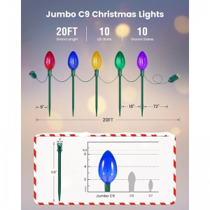 Luces navideñas de Suraielec Jumbo C9, Luces de camino de Navidad de 20 pies C9 al aire libre, 10 bombillas Giant de Multi Color, 10 estacas de tierra, luces de pasarela para decoraciones de jardín de césped de patio navideño, UL Listado