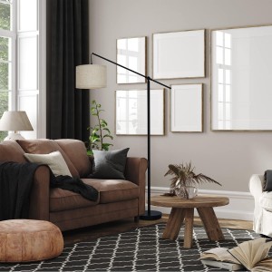 Lámpara de piso de arco de Suraielec, lámpara de pie de pie en voladizo para el sofá, sofá, lectura, sala de estar, dormitorio, brazo de equilibrio ajustable, sombra de tambor de lino natural, poste de metal de negro mate, interruptor de pie