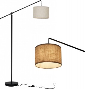 Lámpara de piso de arco de Suraielec, lámpara de pie de pie en voladizo para el sofá, sofá, lectura, sala de estar, dormitorio, brazo de equilibrio ajustable, sombra de tambor de lino natural, poste de metal de negro mate, interruptor de pie