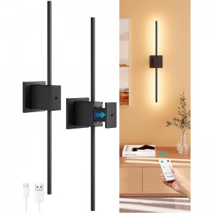 Conjunto de apliques de pared con batería de Suraielec de dos, apliques de pared LED recargables de 28 pulgadas con batería grande de 8000 mAh, lámparas de pared modernas inalámbricas con control remoto, iluminación tibia, negra negra, negro