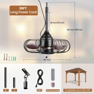 SURAIELEC 20″ Gazebo Fan, Outdoor Plug in Ceiling Fan with Light and Remote, 6 Speeds, 3 Color Temperatures, Waterproof Hanging Fans for Patio, Porch, Pergola, 5 Blades, 20FT Cord
