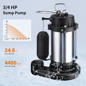 SURAIELEC SUMBER SUMBERSIBLE, Bomba de sumidero de 3/4 HP para sótano, 4400 GPH, bombas de sumidero automático con interruptor de flotación vertical, descarga NPT de 1-1/2 ", cable de 25 pies, hierro fundido y acero inoxidable, Listado UL, UL, listado con UL.