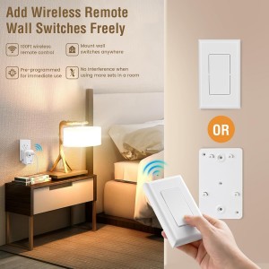 Suraielec Interruptor de pared inalámbrico de control de control remoto, no se necesita cableado, rango de RF de 100 pies, kit de interruptor de luz remoto preprogramado, expandible para enchufar la luz colgante, lámpara, pequeño aparato eléctrico