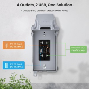 Caja de salida GFCI al aire libre Suraielec con puertos USB-C y USB-A, receptáculos WRTR GFCI de 20 amperios de agua, recinto 3R impermeable 3R, TOPA de salida de metal, enchufe de alimentación para patio trasero, iluminación de vacaciones