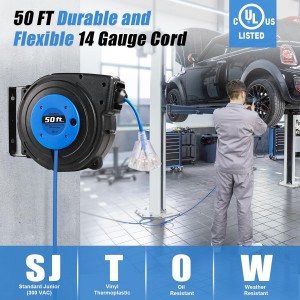 Suraielec 50英尺延長線捲軸，14量規可伸縮延長線，SJTOW 14 AWG/3C重型電源線，13安培斷路器，點亮的三重水龍頭，天花板或壁掛式安裝座，UL列出