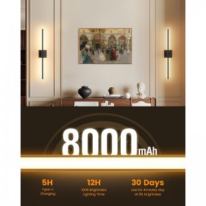 Conjunto de apliques de pared con batería de Suraielec de dos, apliques de pared LED recargables de 28 pulgadas con batería grande de 8000 mAh, lámparas de pared modernas inalámbricas con control remoto, iluminación tibia, negra negra, negro