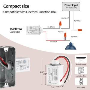 Suraielec Interruptor de luz inalámbrico y kit de receptor, 15A alta potencia, sin cableado, rango de RF de 100 pies, control remoto programable interruptores de pared de 3 vías para lámpara, luz de techo, ventilador, iluminación al aire libre